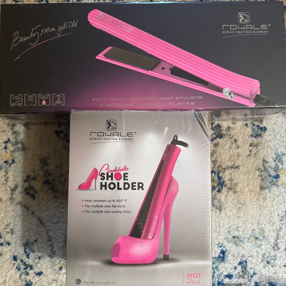 Royale flat iron and Cinderella Hot Pink Shoe Hair Tools Holder